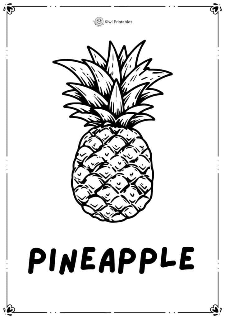 Black and white printable pineapple coloring sheet for children.