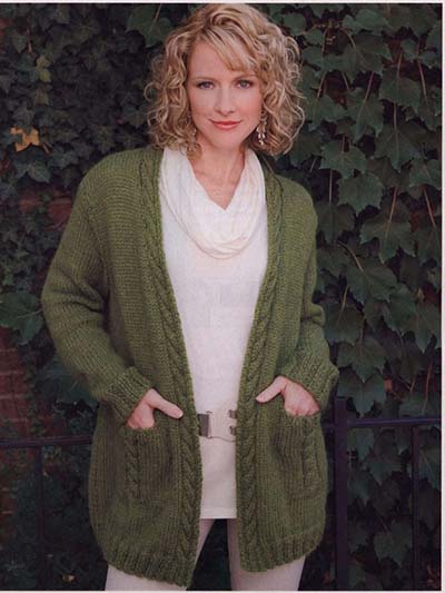Green  cardigan with cables-free knitting pattern