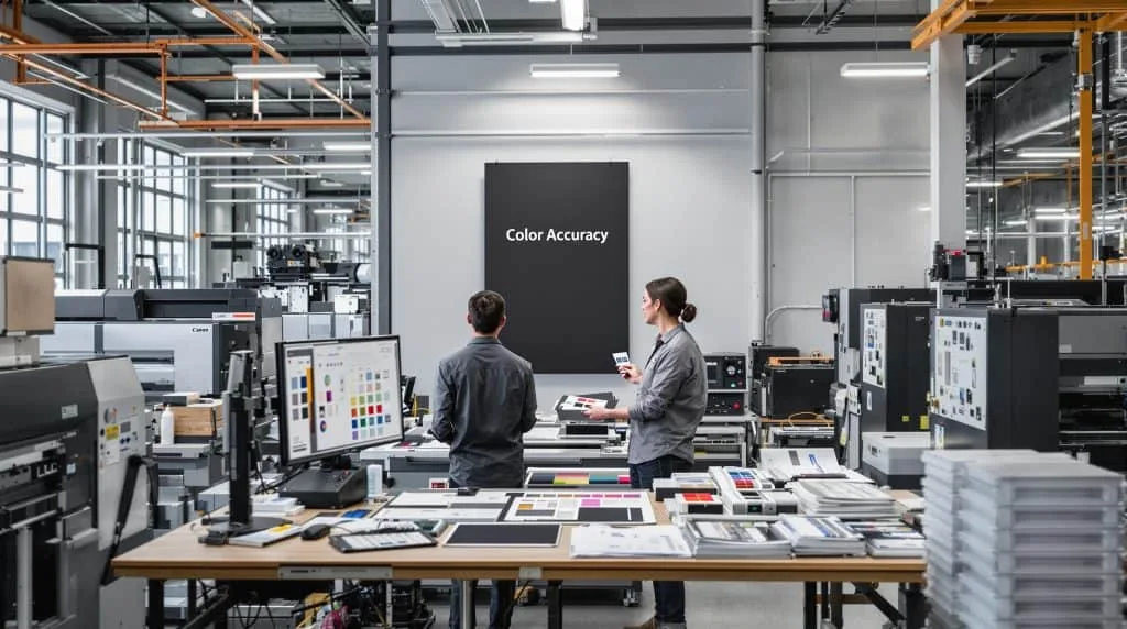 Printing facility workers reviewing print samples and color charts for accurate color management