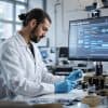 Technician uses dyne test pen in lab with 'Quality Control' shown on board