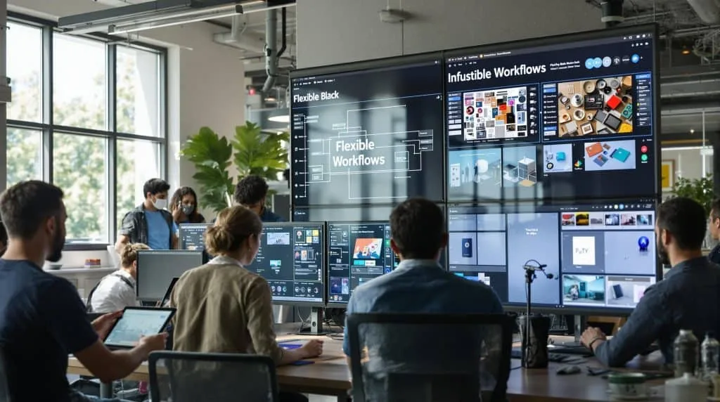 Designers collaborate in a bright studio with digital mockups and workflow screens.