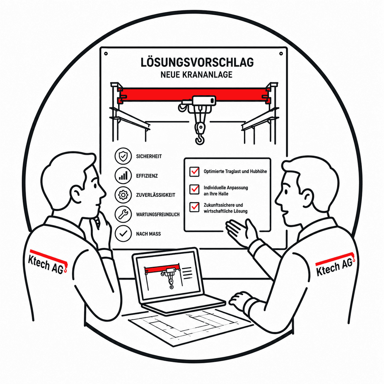 Zwei Männer diskutieren Kranplanung mit Diagramm und Laptop.