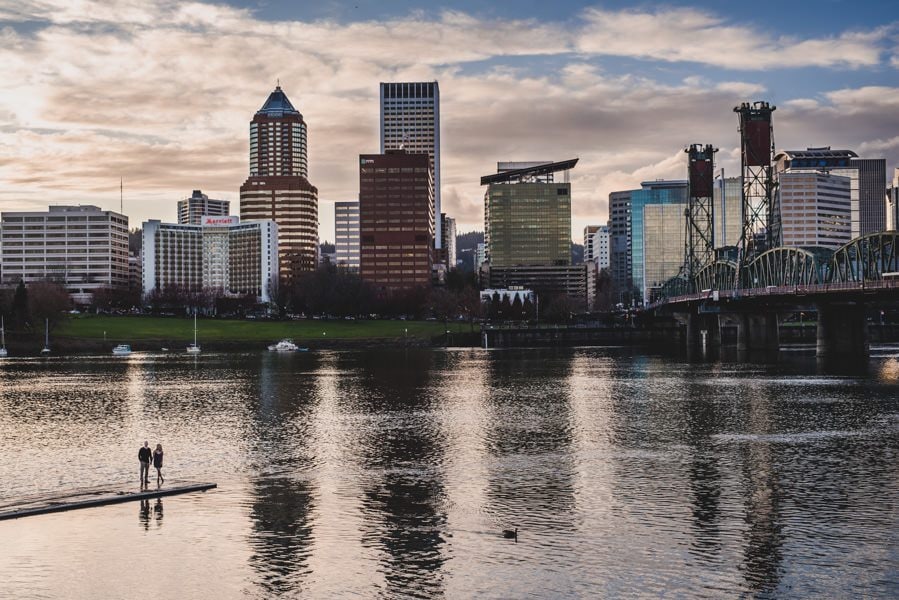 A downtown Portland engagement session at Sentinel Hotel, East Bank Esplanade, and Washington Park