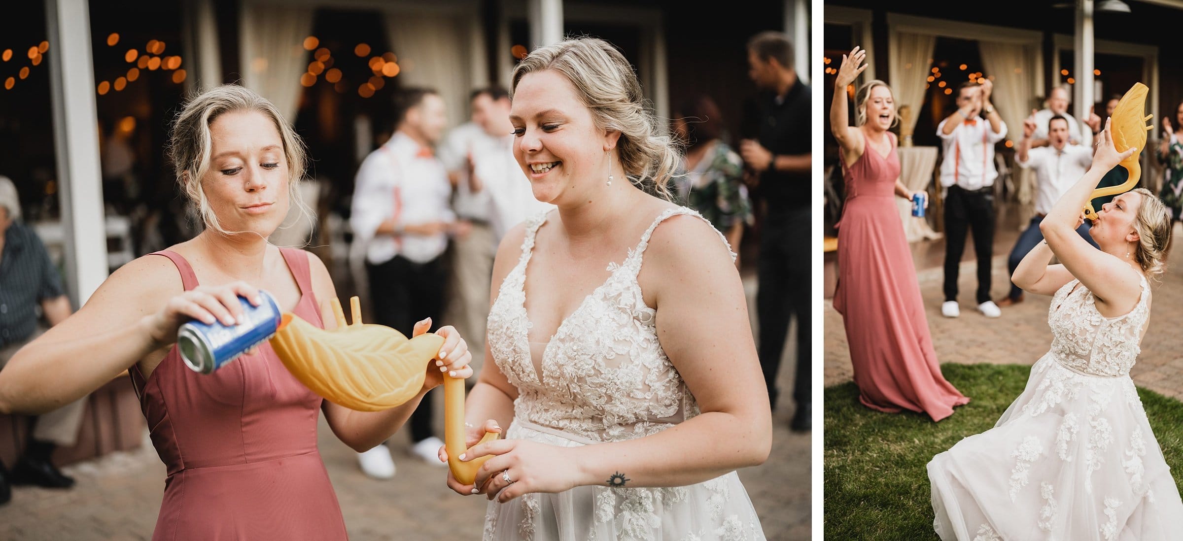 At a lively Gorge Crest Vineyard wedding, two women create a memorable moment; one gleefully pours a drink into a shoe while the other eagerly prepares to sip from it, adding to the delightful chaos captured in the wedding photos.