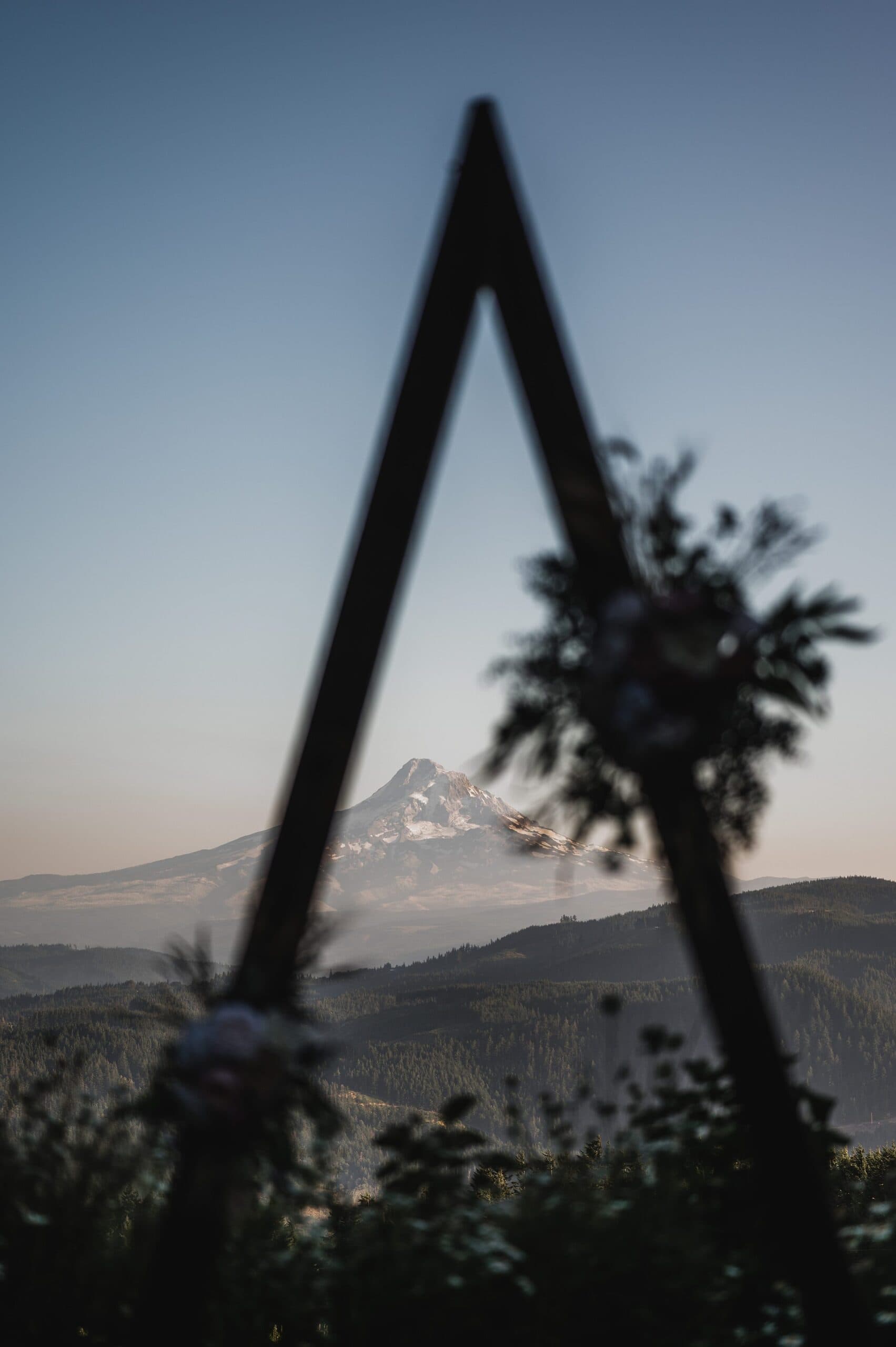 A triangular frame with flowers beautifully captures a distant snow-capped mountain under a clear blue sky, perfect for memorable wedding photos at Gorge Crest.