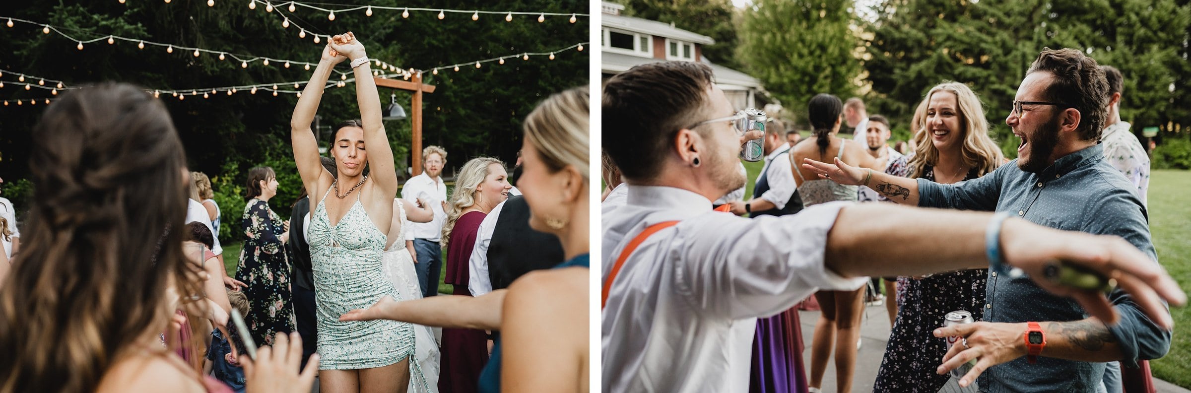 People dancing outdoors at a Gorge Crest wedding, under string lights, with trees in the background. Everyone is smiling and joyful.