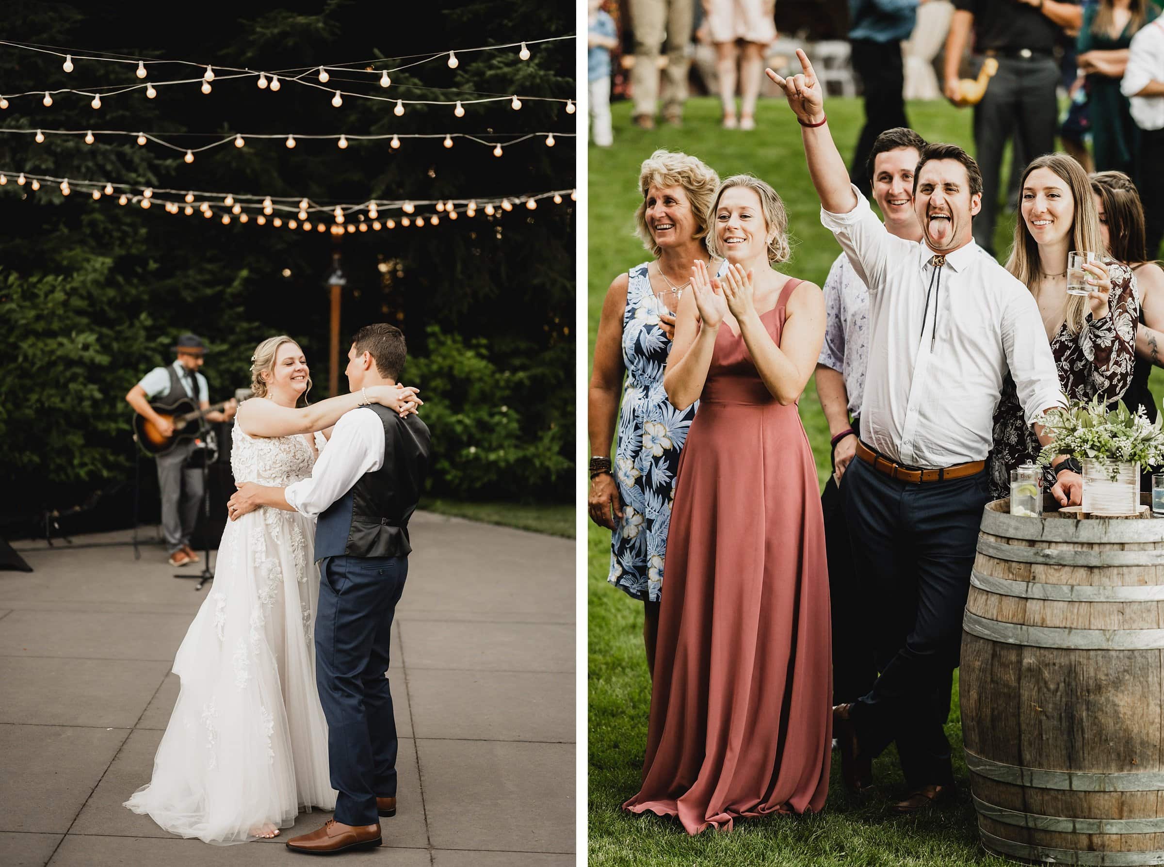 Left: A couple dances under string lights at Gorge Crest Vineyards. Right: A group claps and cheers outside during a celebration, capturing the joy of a wedding at this beautiful venue.