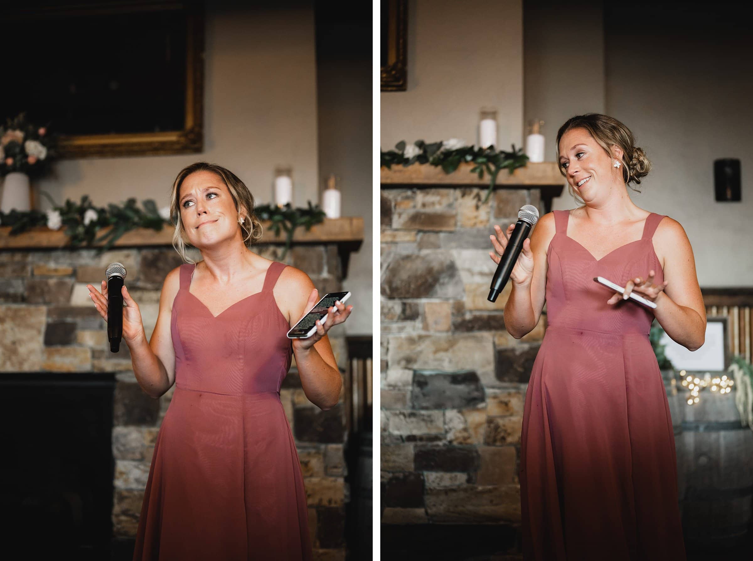 A woman in a pink dress holds a microphone and phone, speaking energetically in front of a stone wall and beautiful floral decor, capturing memorable moments like those in Gorge Crest Vineyards wedding photos.