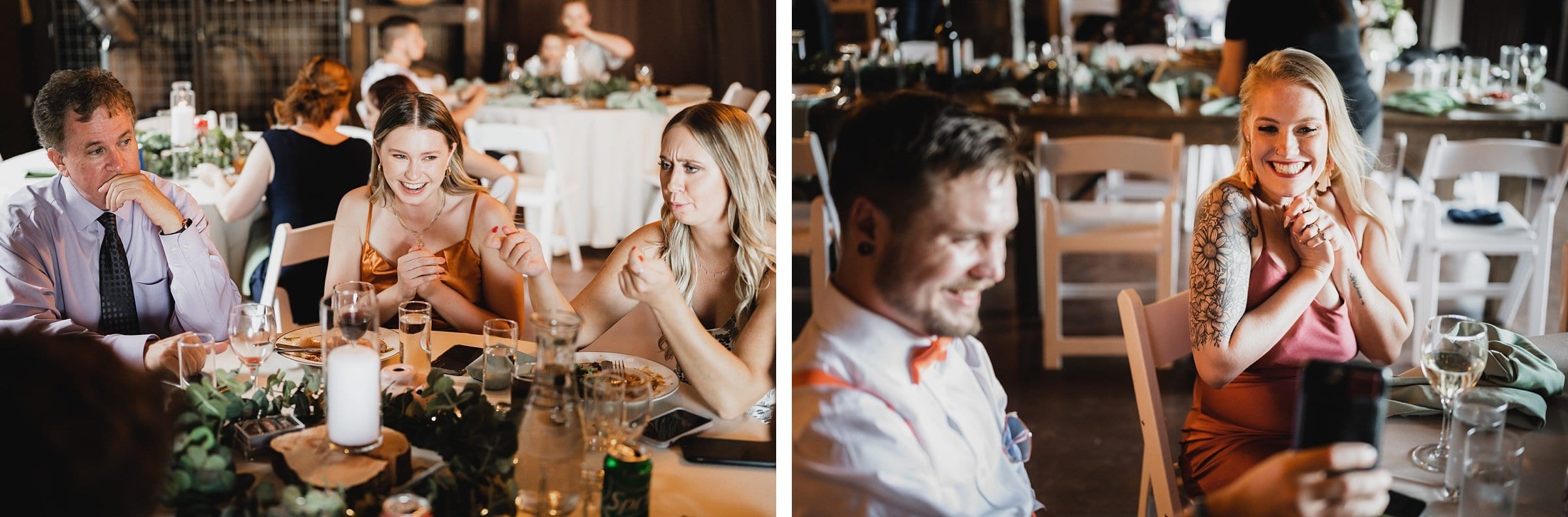 Guests at the lively Gorge Crest Vineyards wedding reception chat, smile, and capture memories with photos at a beautifully decorated table.