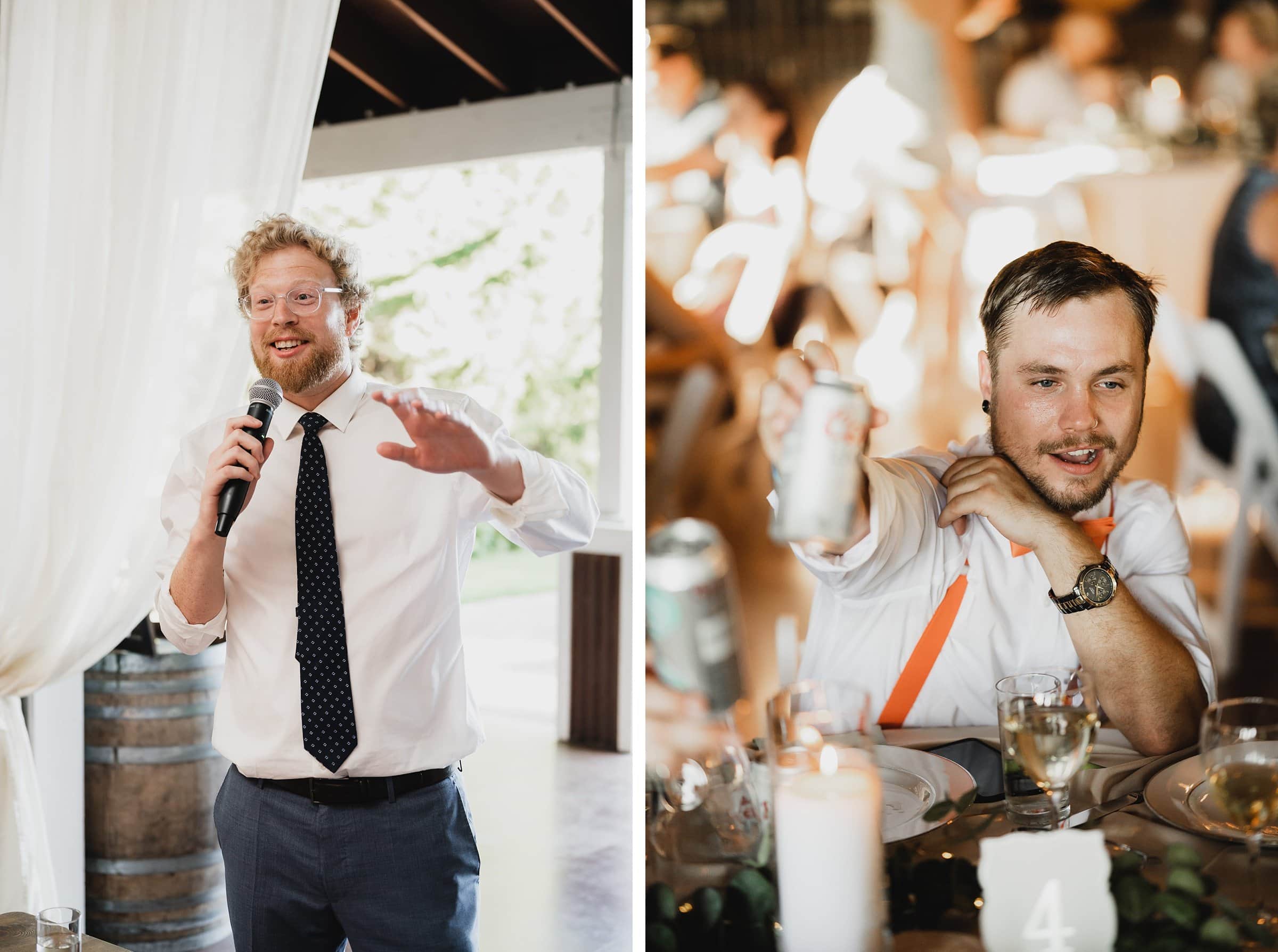 At a Gorge Crest Vineyards wedding, two men share a moment: one speaks into a microphone while the other raises a can, seated at the table.
