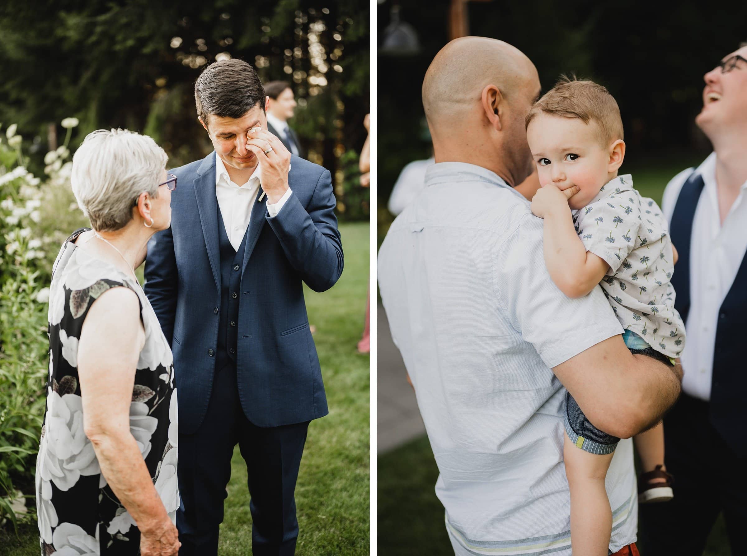 Two side-by-side photos: a man wipes a tear near an older woman; a man holds a child outdoors at Gorge Crest Vineyard wedding.