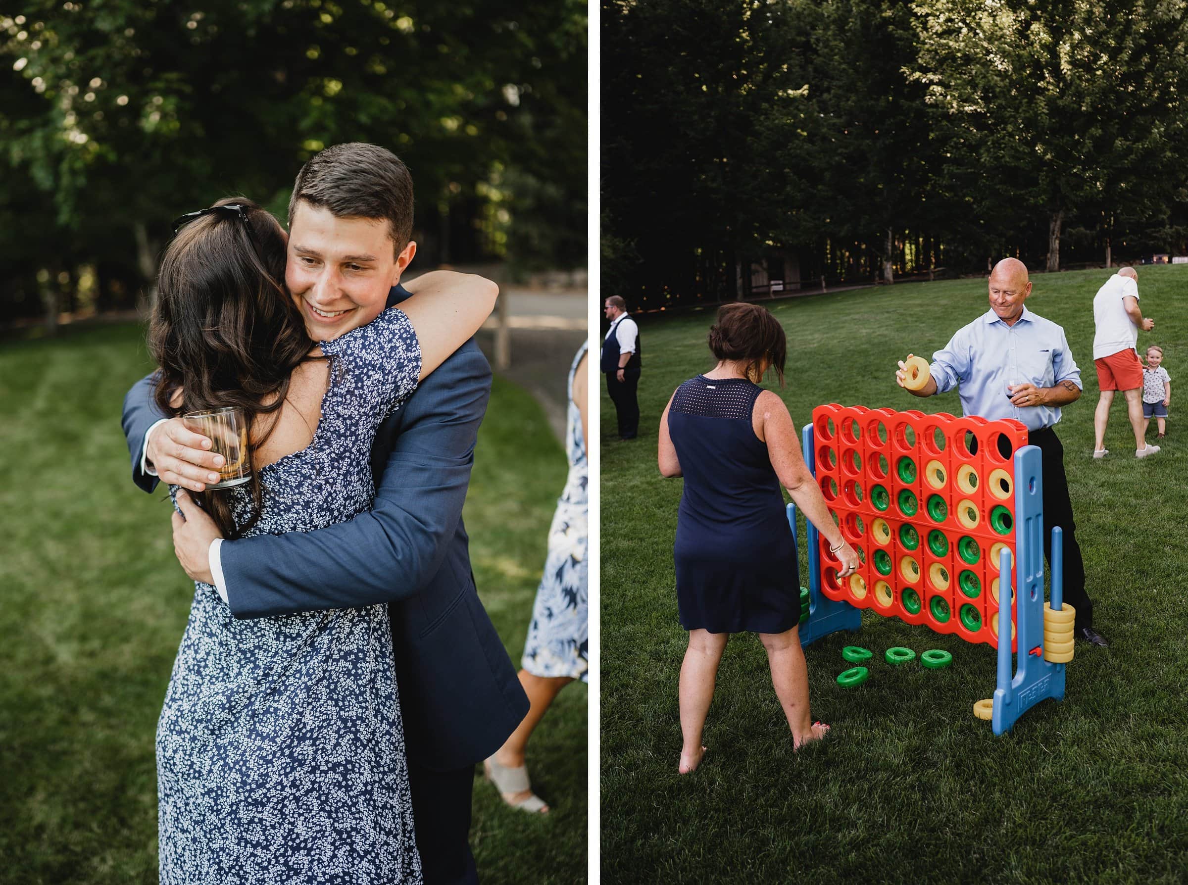 Left: A man and woman embrace outdoors at a scenic location. Right: Guests enjoy a large outdoor Connect Four game on the grass, capturing the joy of Gorge Crest Vineyards wedding photos.