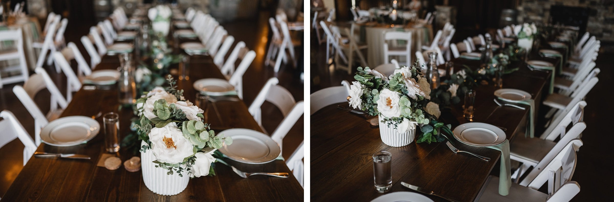 Wedding reception tables at Gorge Crest Vineyard feature elegant white flower centerpieces, surrounded by white chairs. The charming wood tables are expertly set with plates and glasses, creating the perfect backdrop for memorable wedding photos at Gorge Crest.