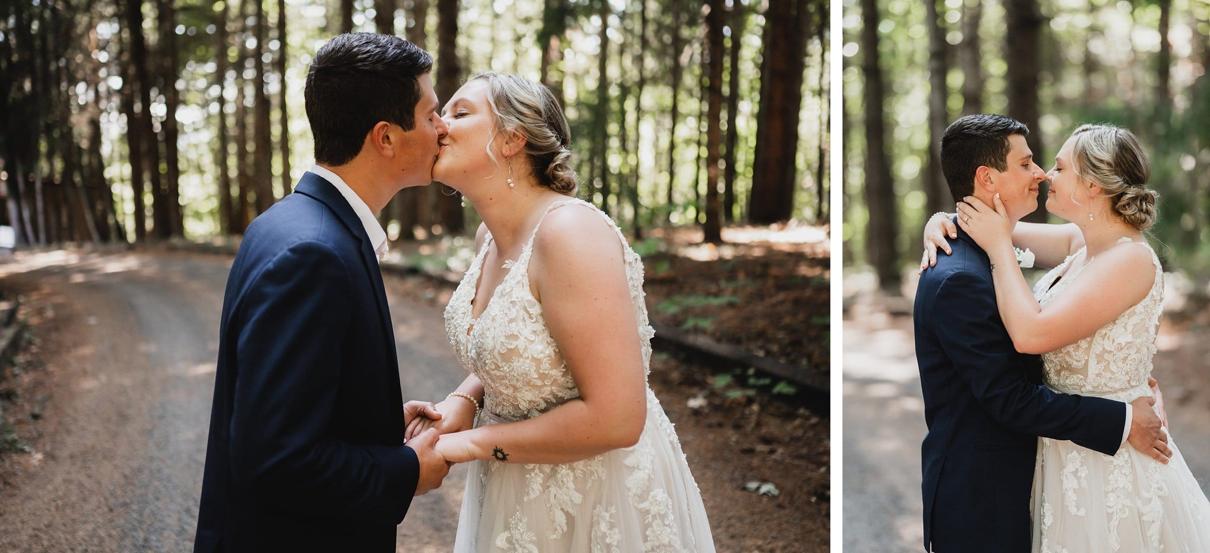 A couple in wedding attire shares a kiss on a forest path, surrounded by tall trees at Gorge Crest Vineyard.