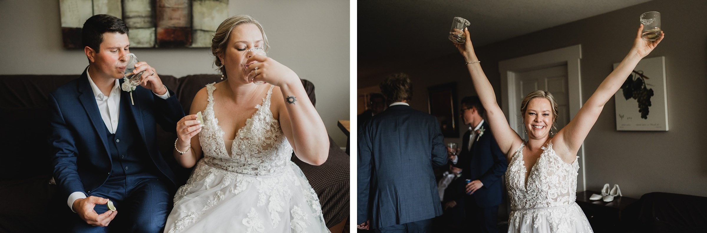 Couple in formal attire enjoying drinks; woman raising her glass joyfully at their Gorge Crest Vineyards wedding.