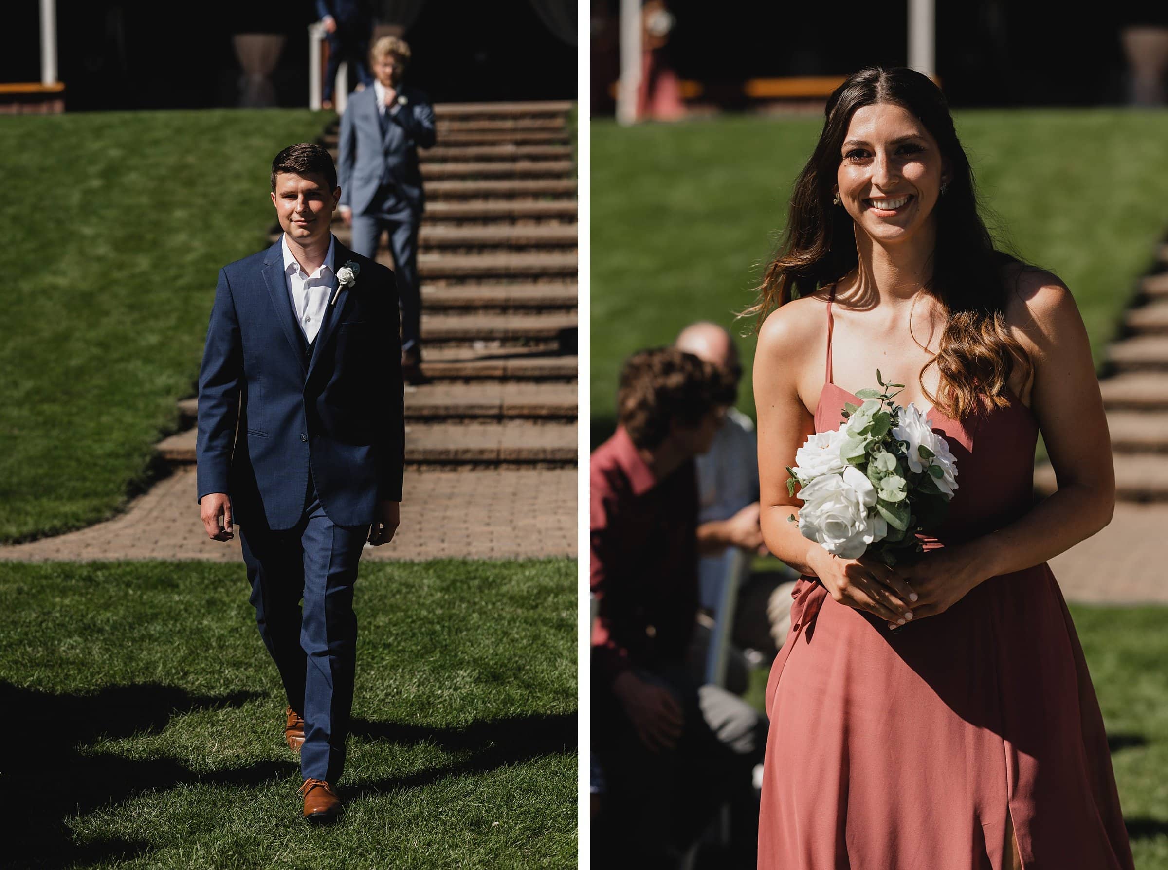 Left: A man in a blue suit and brown shoes walks on grass. Right: A woman in a pink dress holds a bouquet, smiling, capturing the magical moments often seen in Gorge Crest Vineyards wedding photography.