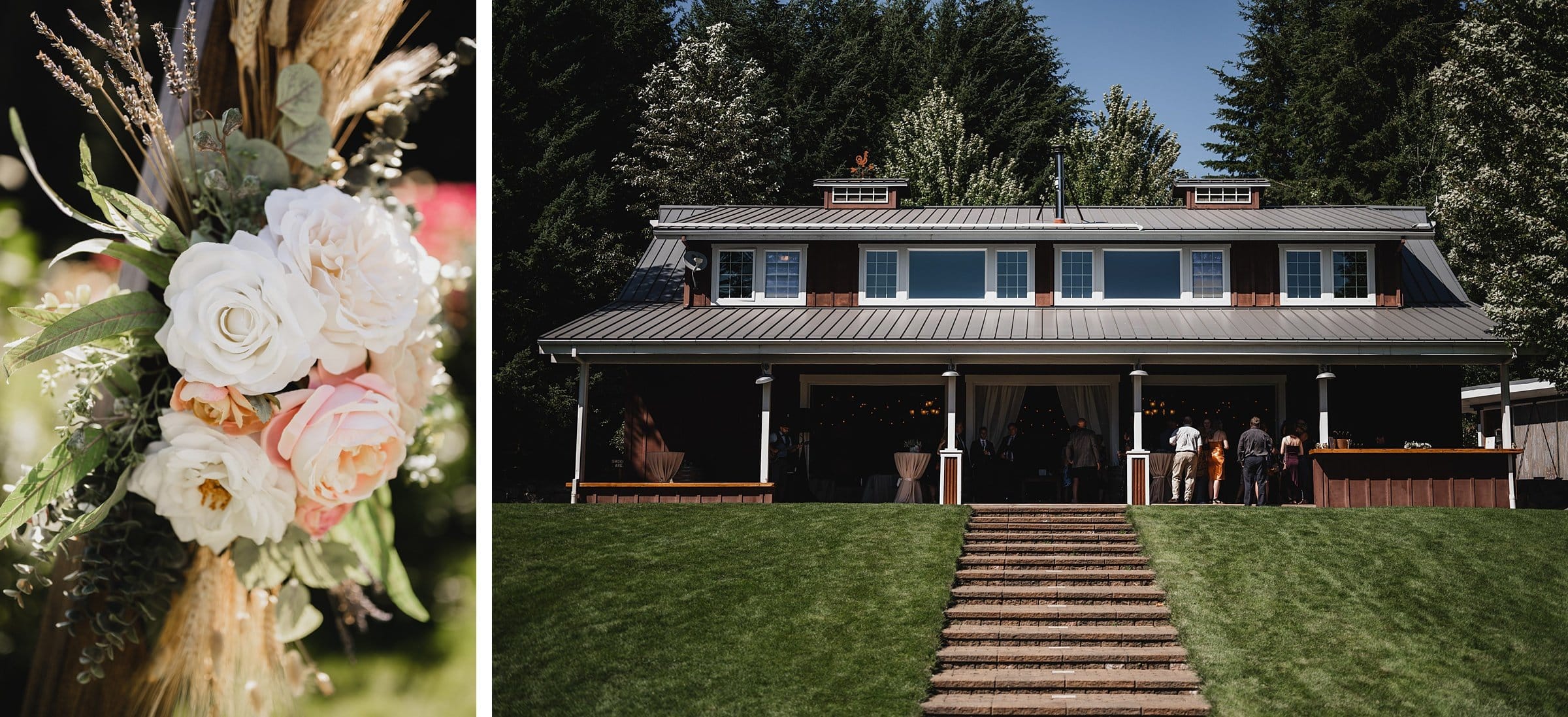 A close-up of a floral arrangement featuring roses, set against a rustic building with a porch in the background, nestled in the green, wooded area of Gorge Crest Vineyards. Perfect for capturing the beauty of a Gorge Crest Vineyards wedding.