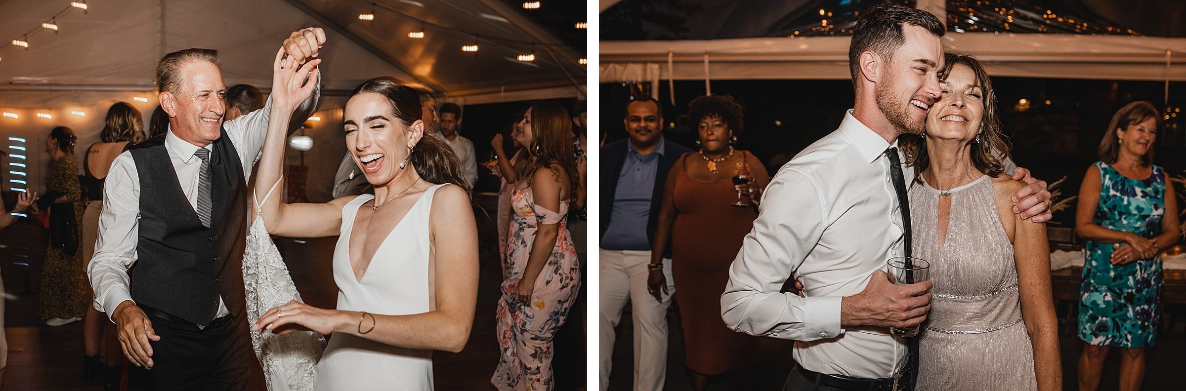 Couples dance joyfully at a warmly lit wedding reception, capturing the charm of wedding photos at The Griffin House.
