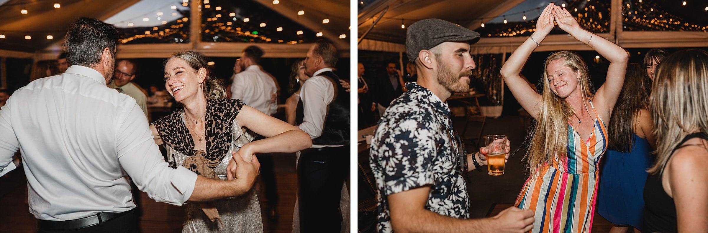 Two couples dance joyfully at a lively party with string lights twinkling in the background, capturing moments that feel just like wedding photos at The Griffin House.