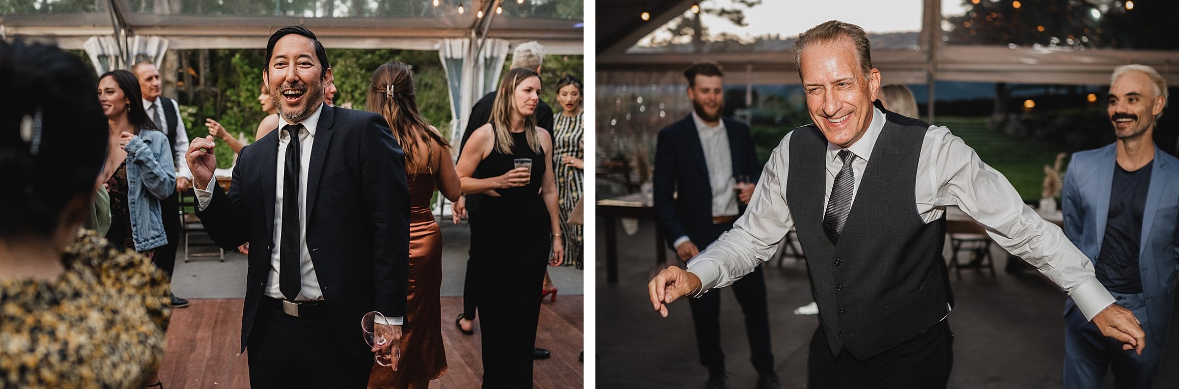 People in formal attire are dancing and smiling under a tent, capturing joyful moments like wedding photos at The Griffin House.