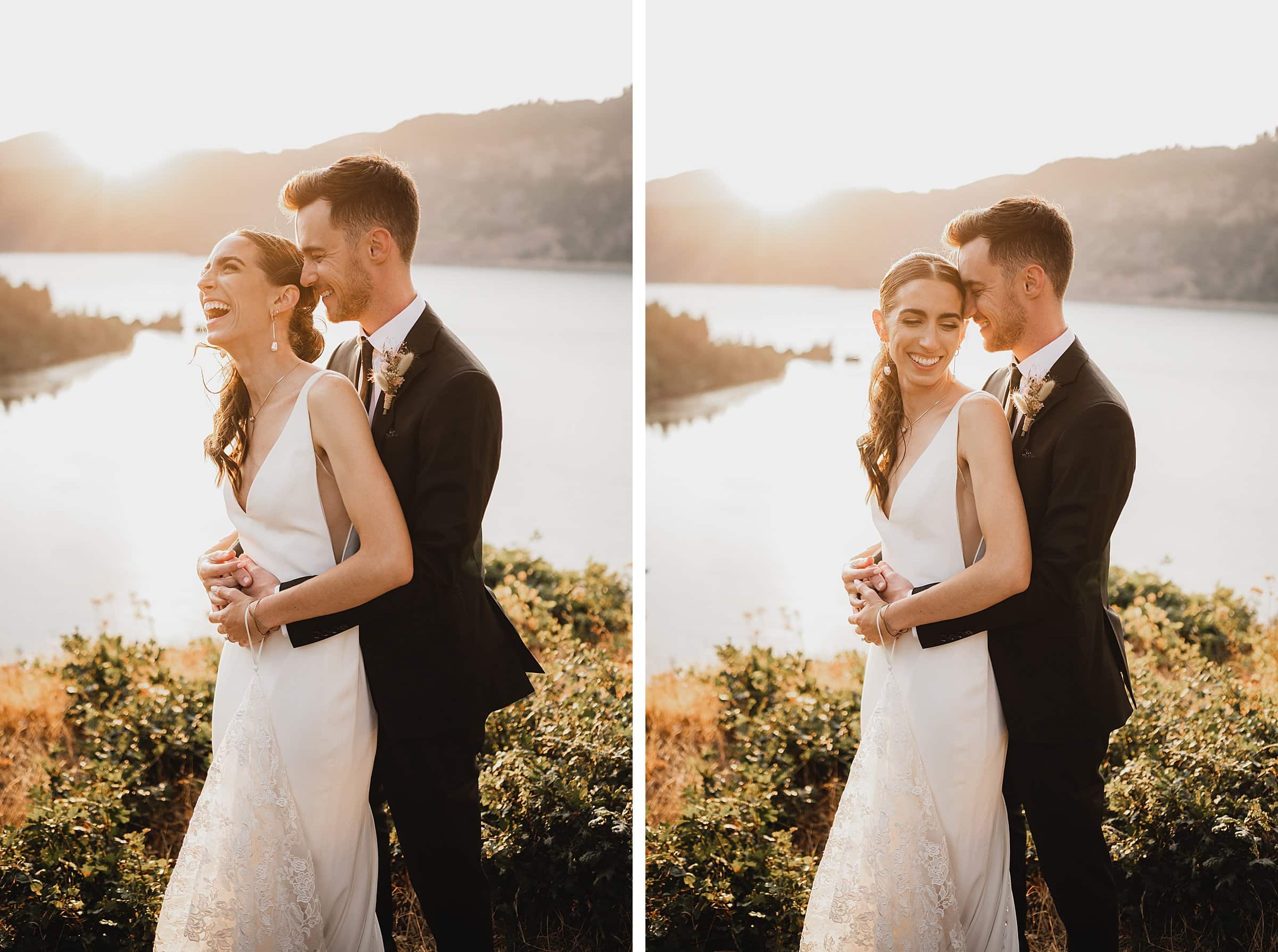 The couple, wrapped in each others arms in their wedding attire, enjoys a picturesque sunset overlooking the Columbia River Gorge. The Griffin House provides a breathtaking backdrop for their perfect wedding photos.