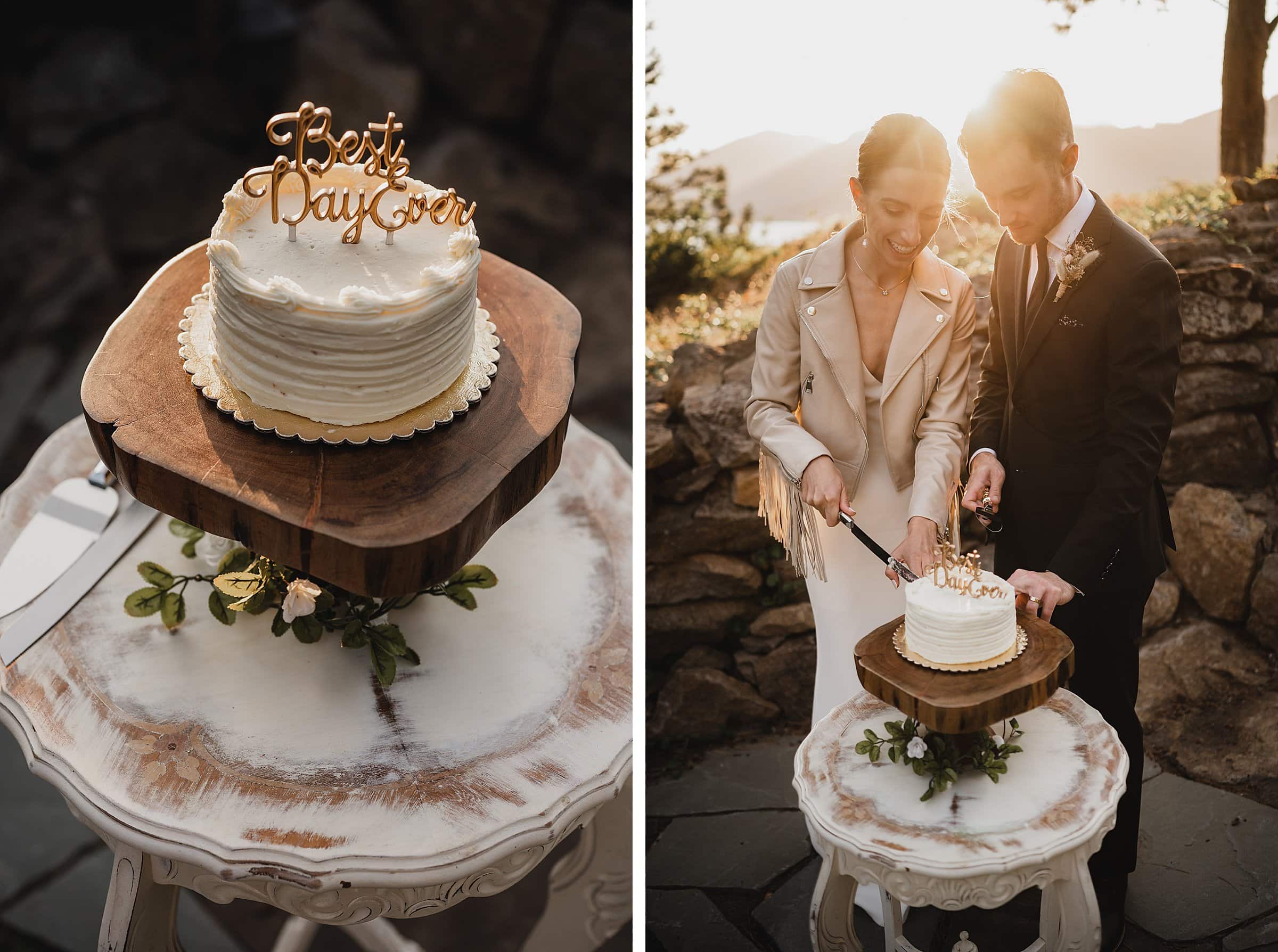 During an outdoor celebration, a couple cuts a cake with a Best Day Ever topper on a wooden stand, capturing perfect wedding photos at The Griffin House.