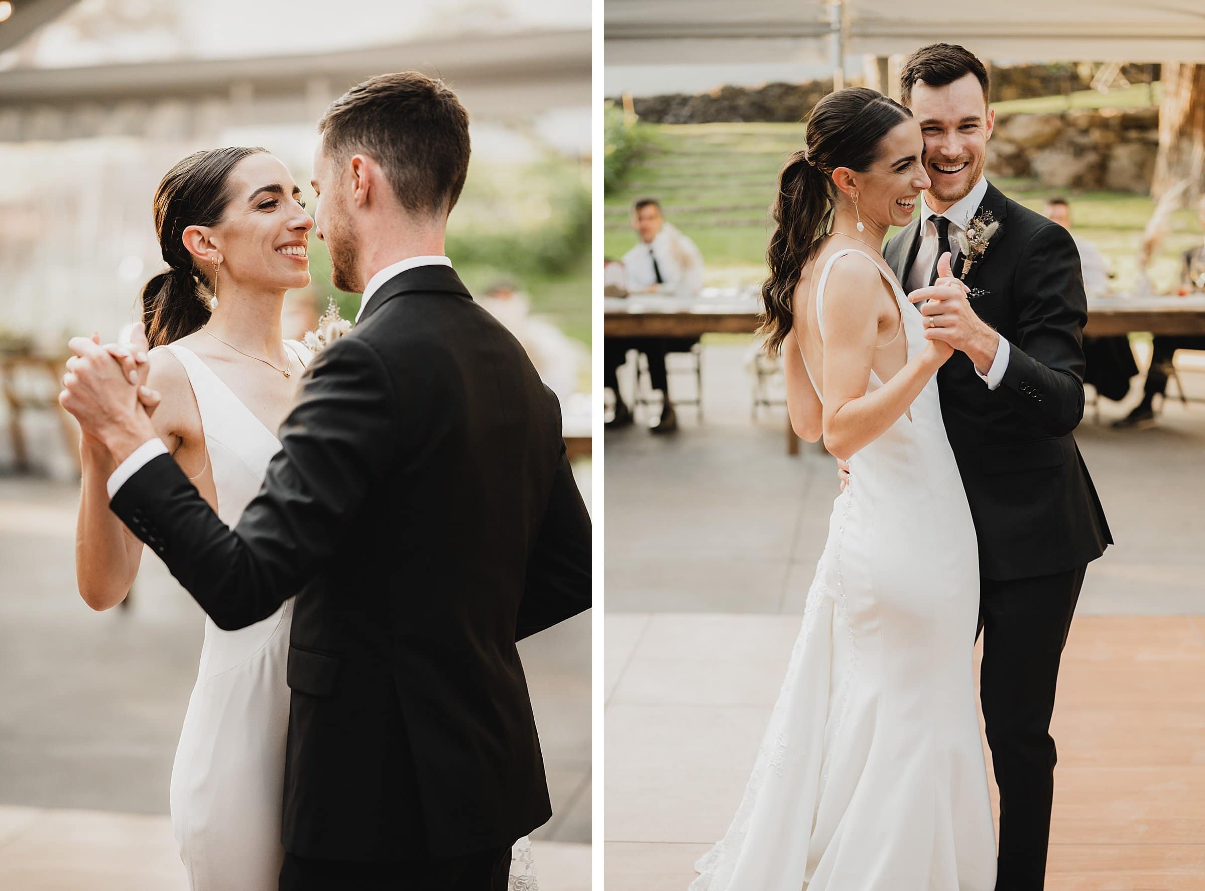 A couple in formal attire joyfully dances at a wedding reception outdoors, capturing perfect moments for their wedding photos at The Griffin House.