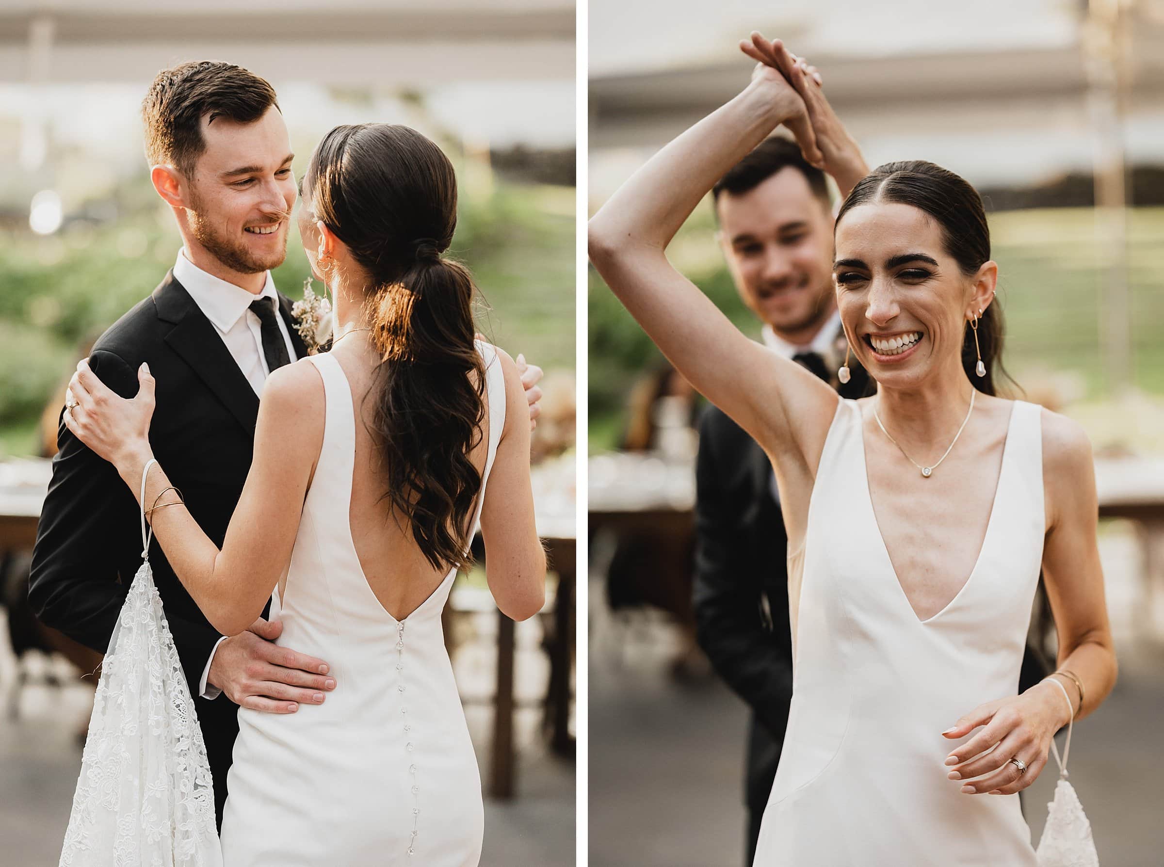 A couple dances joyfully at their wedding, the bride smiling with joy as memories are captured in beautiful wedding photos at The Griffin House.