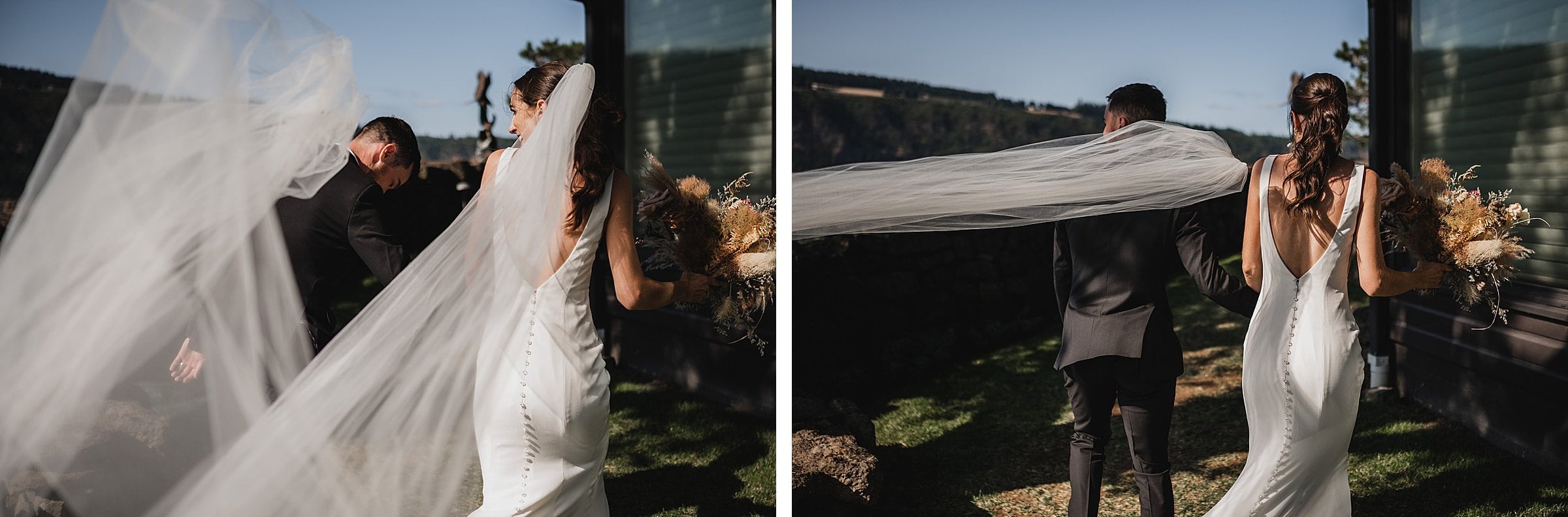 The bride, with a long veil trailing behind her, walks beside the groom outdoors, bouquet in hand on a sunny day; perfect for capturing wedding photos at The Griffin House.