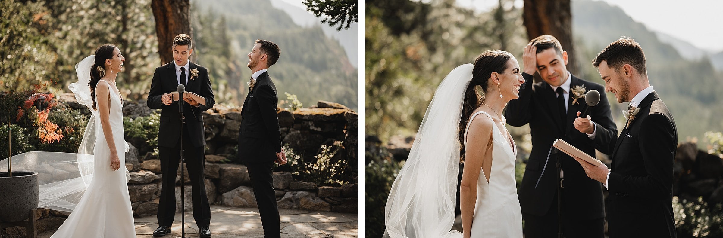 The bride and groom exchange vows outdoors with an officiant, surrounded by trees and mountains, while capturing stunning wedding photos at The Griffin House.