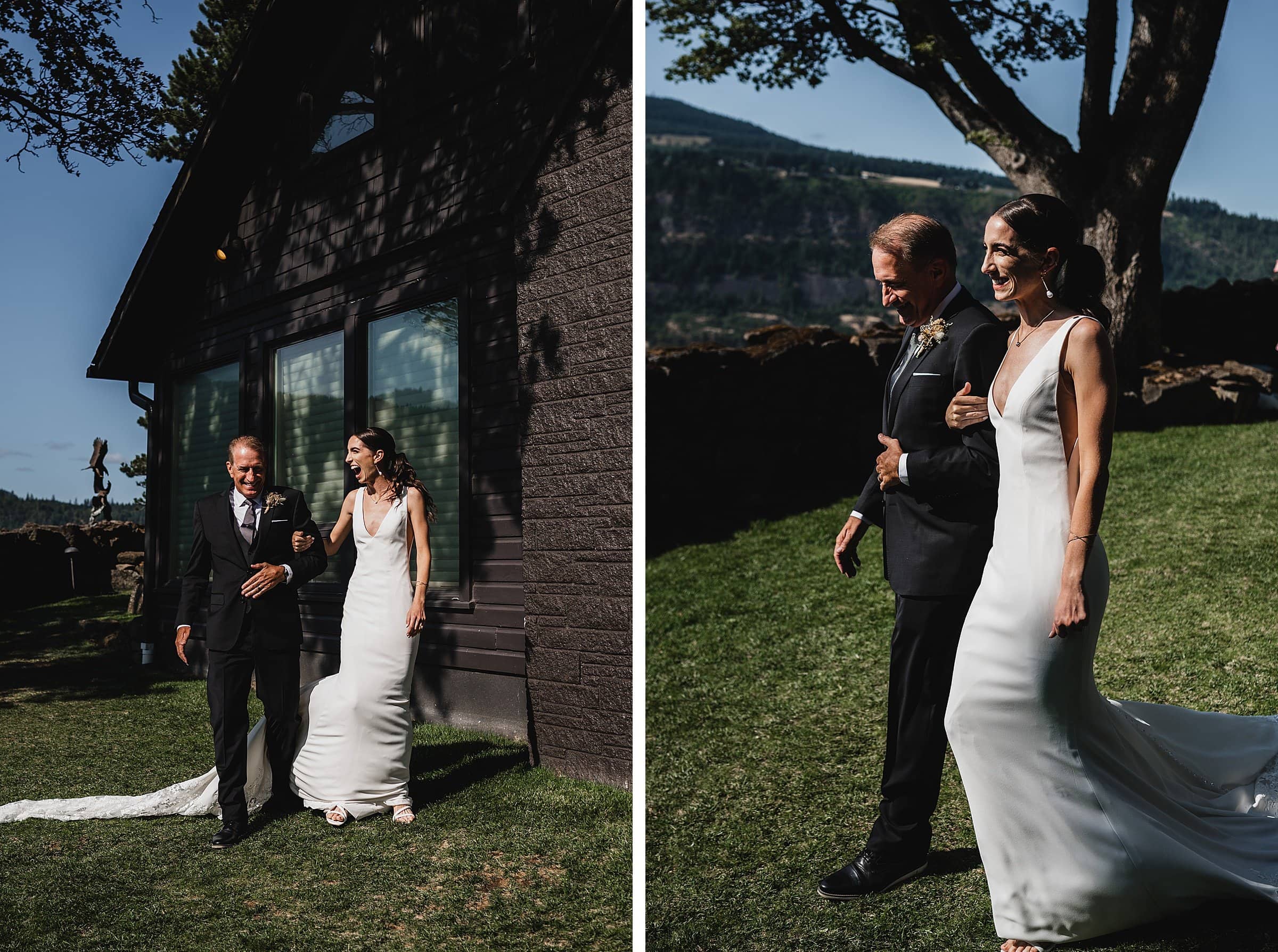 A bride in a white dress walks arm in arm with a man in a suit outside a wooden building on a sunny day, capturing beautiful wedding photos at The Griffin House.