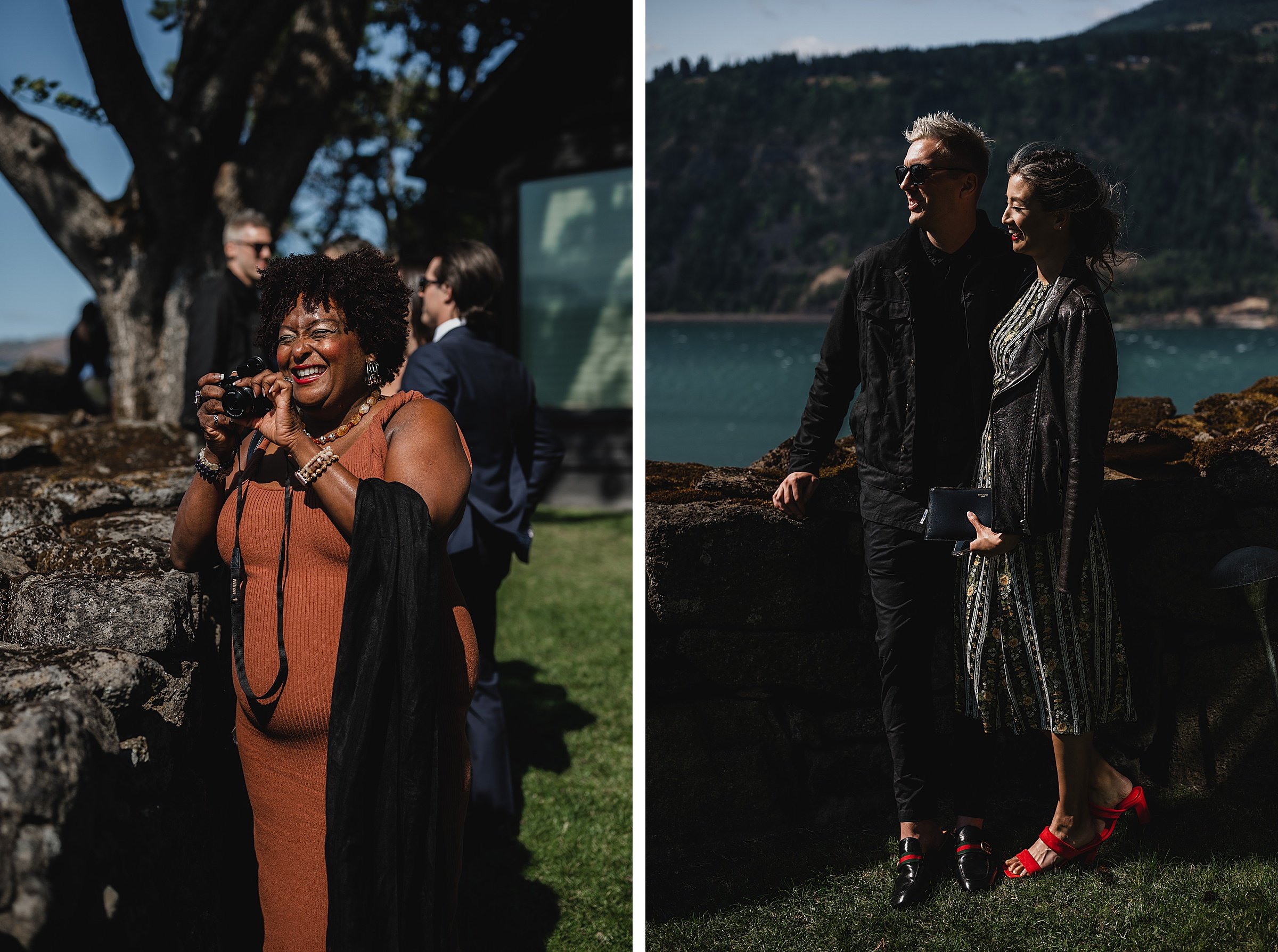 Left: A woman in a brown dress with a camera. Right: A couple posing by a stone wall near water, capturing their wedding photos at The Griffin House.