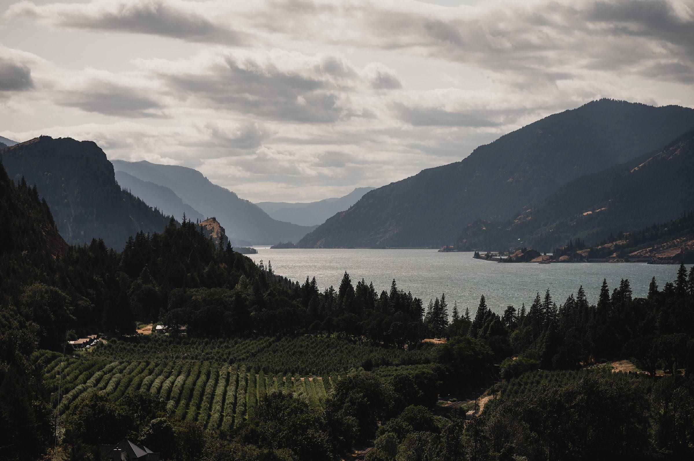 A mountainous landscape with dense forests and a wide river under a cloudy sky creates the perfect backdrop for wedding photos at The Griffin House.