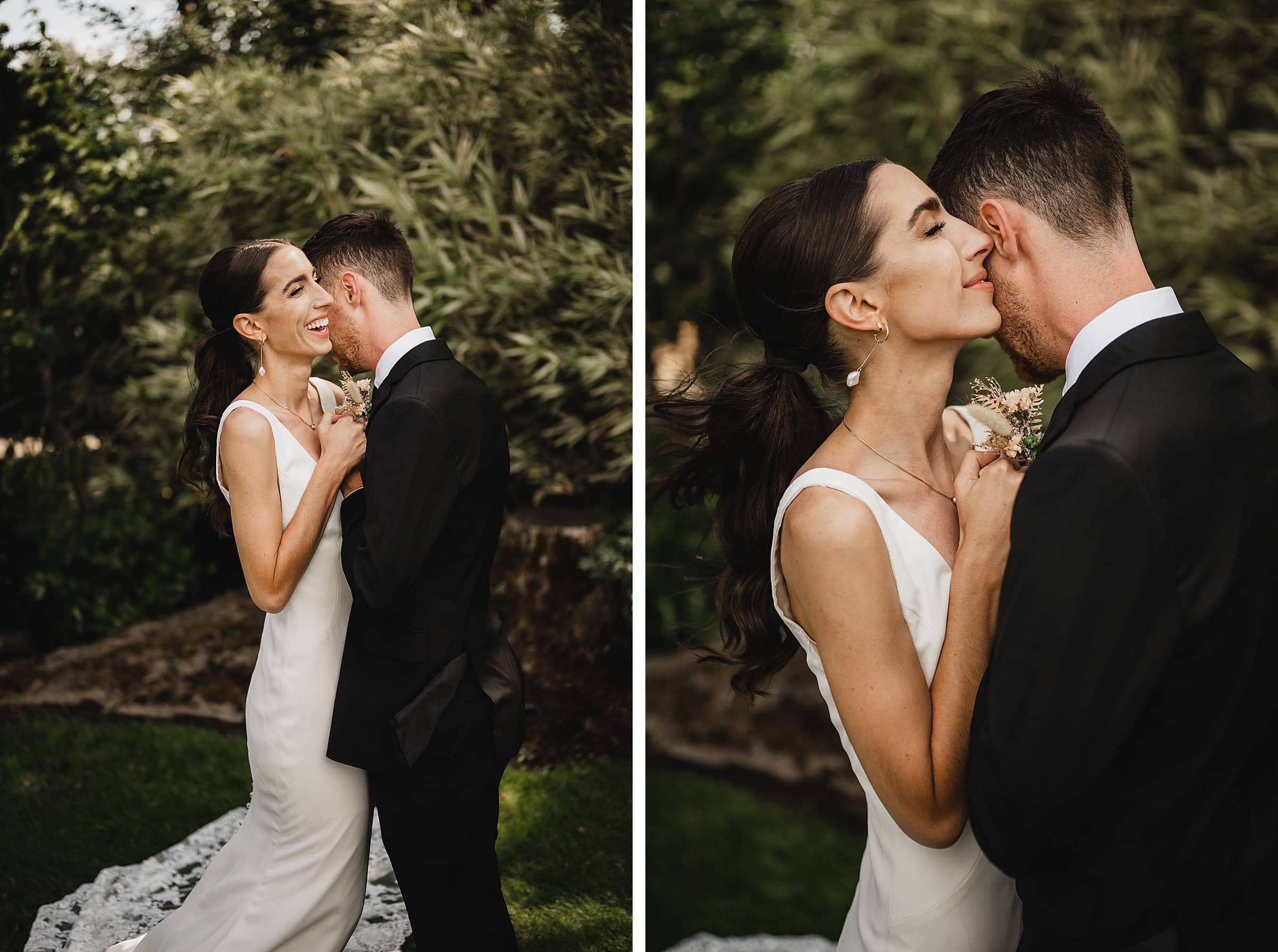 The bride and groom embrace joyfully outdoors amid the lush greenery, capturing perfect wedding photos at The Griffin House.