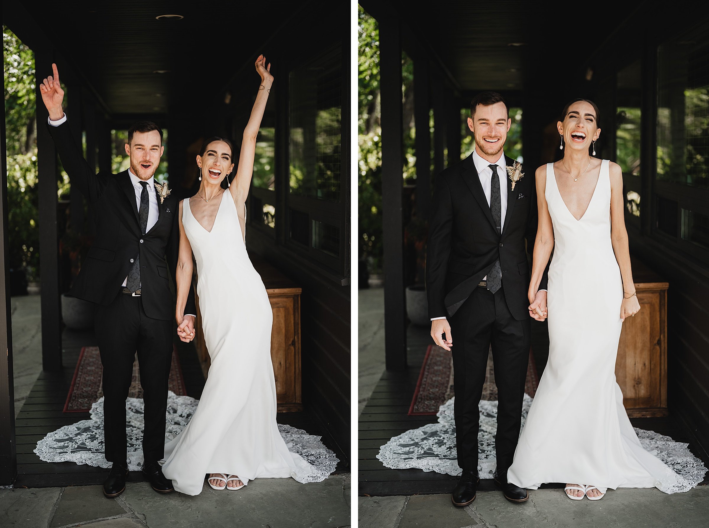 A joyful couple in wedding attire celebrates outside The Griffin House, holding hands and smiling broadly for their wedding photos.