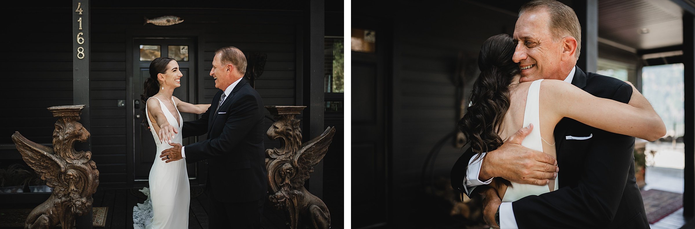 A bride and an older man, both smiling, embrace warmly outside a dark-colored house with ornate decorations at The Griffin House.