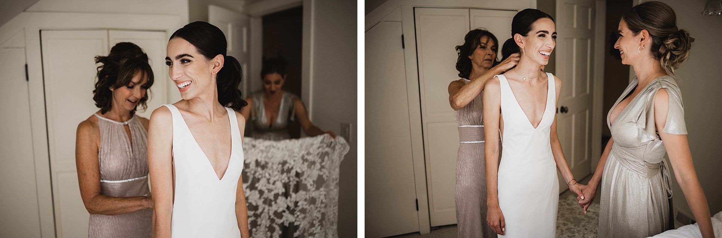 Bride in white dress beams as women help her get ready; one adjusts the veil while another in a silver dress looks on. As they prepare for the wedding at The Griffin House, a sense of joy fills the air, creating a perfect moment for capturing unforgettable photos.