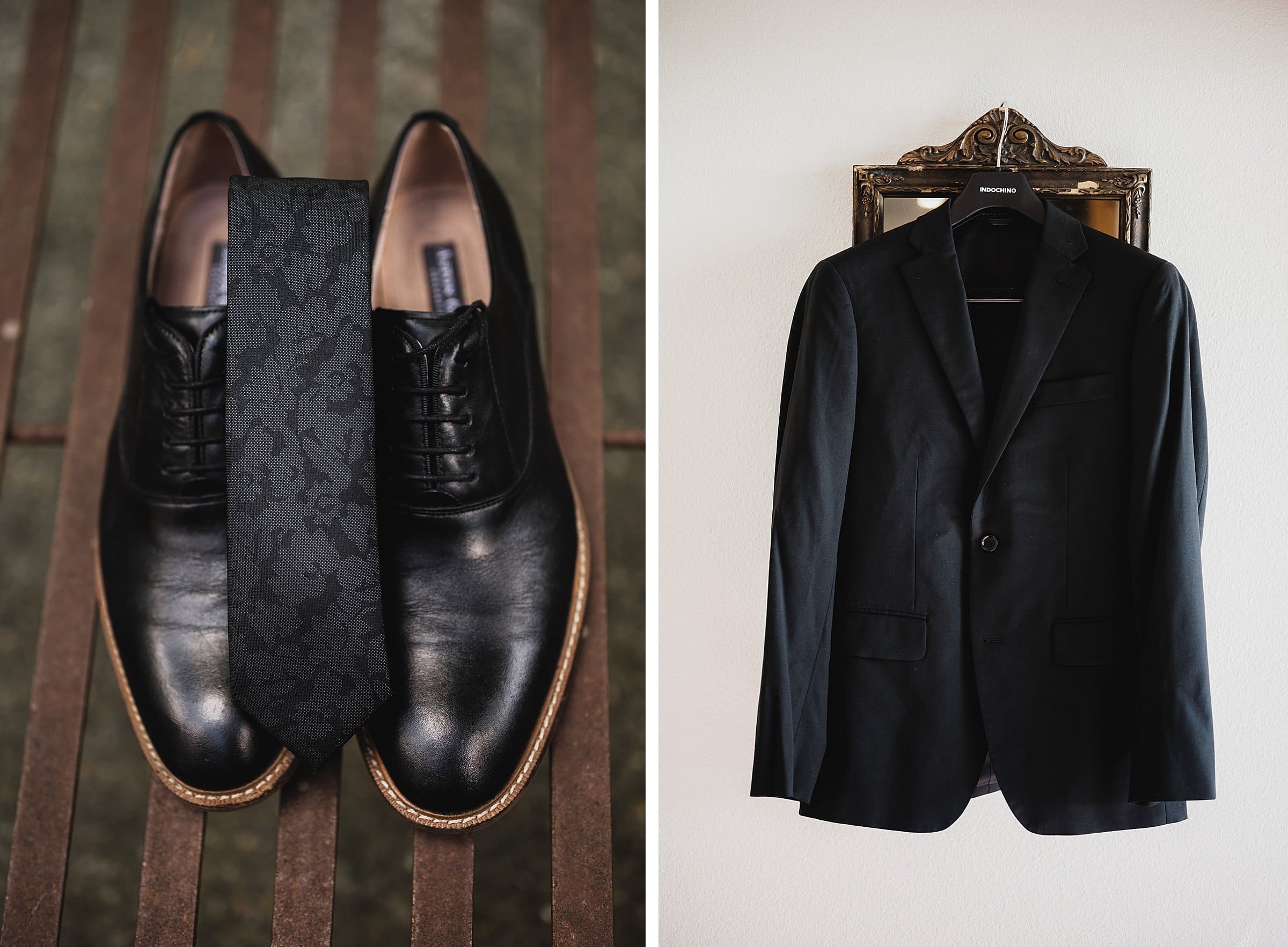 Black dress shoes and tie positioned on the left, with a black suit jacket hanging on the right, ready for wedding photos at The Griffin House.