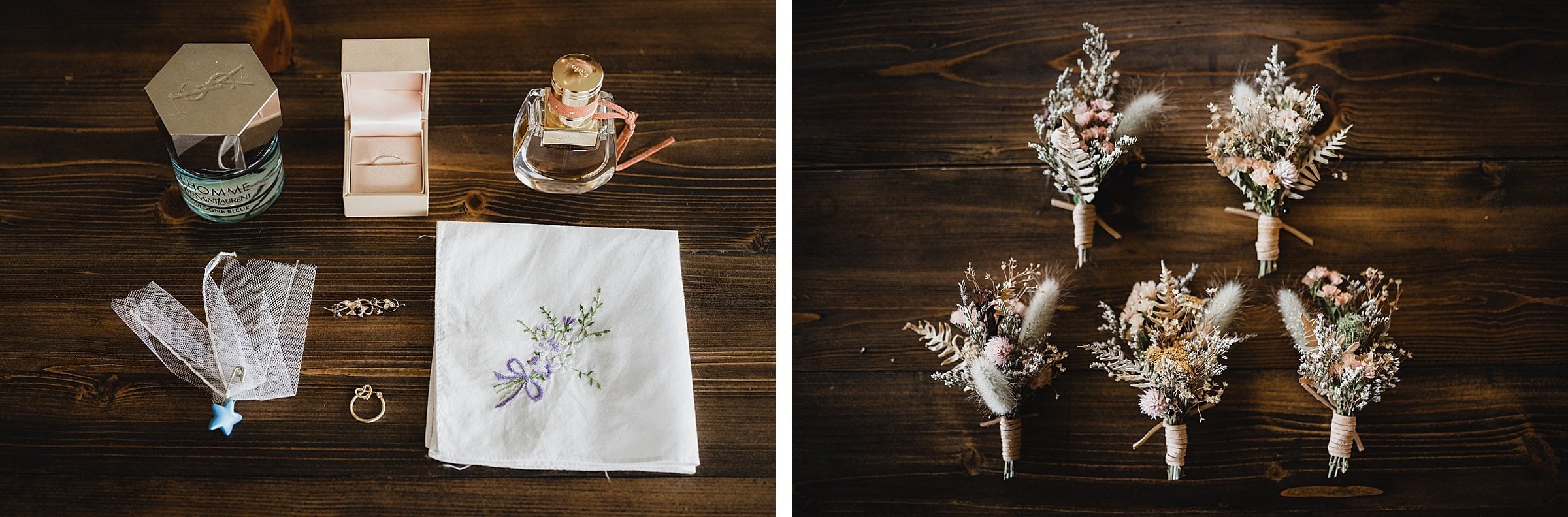 Perfume, jewelry, and an embroidered handkerchief are on the left, with dried floral arrangements on the right, all set against a dark surface. This elegant setting evokes a scene from wedding photos at The Griffin House.