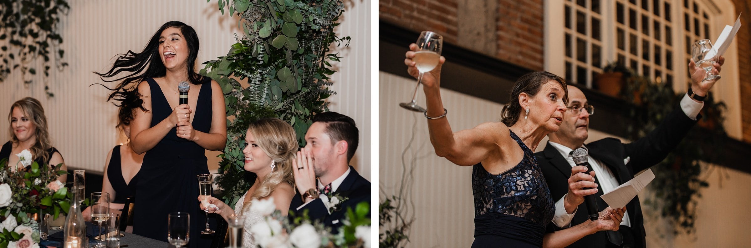Left: Woman at The Evergreen, a Portland wedding venue, holding a microphone and smiling at seated guests. Right: Two people toasting with glasses, one clutching a paper.