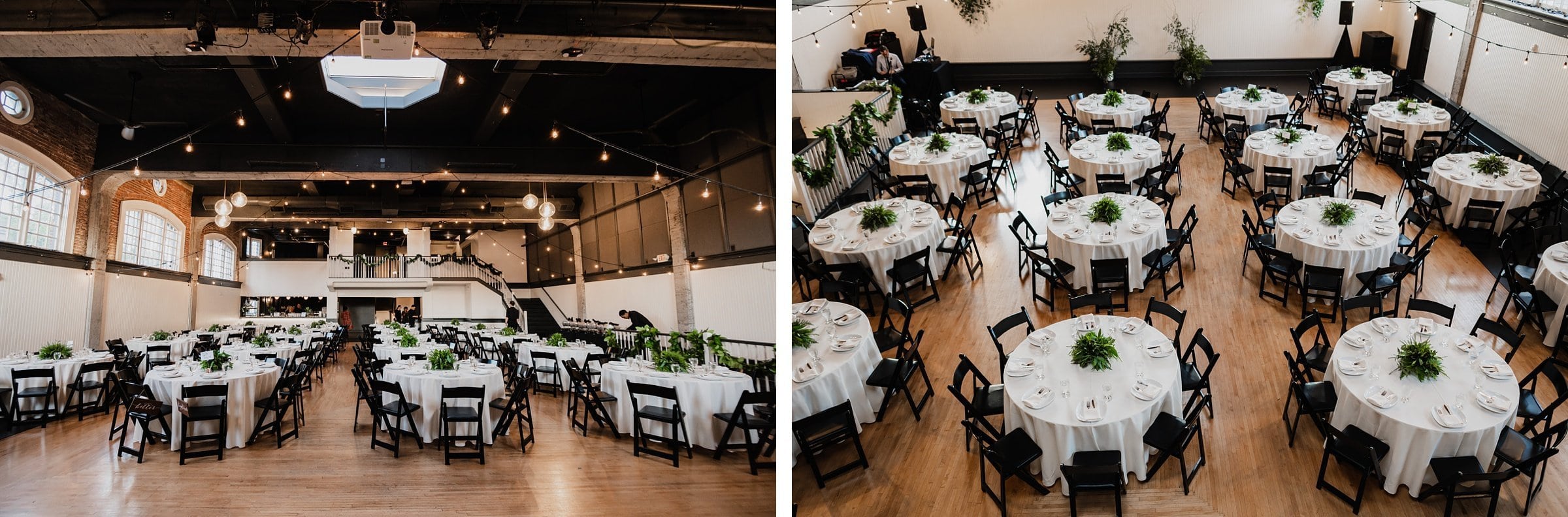 The Evergreen, a renowned Portland wedding venue, offers a spacious event hall adorned with round tables draped in white cloth, each featuring lush greenery centerpieces for an elegant dining experience.