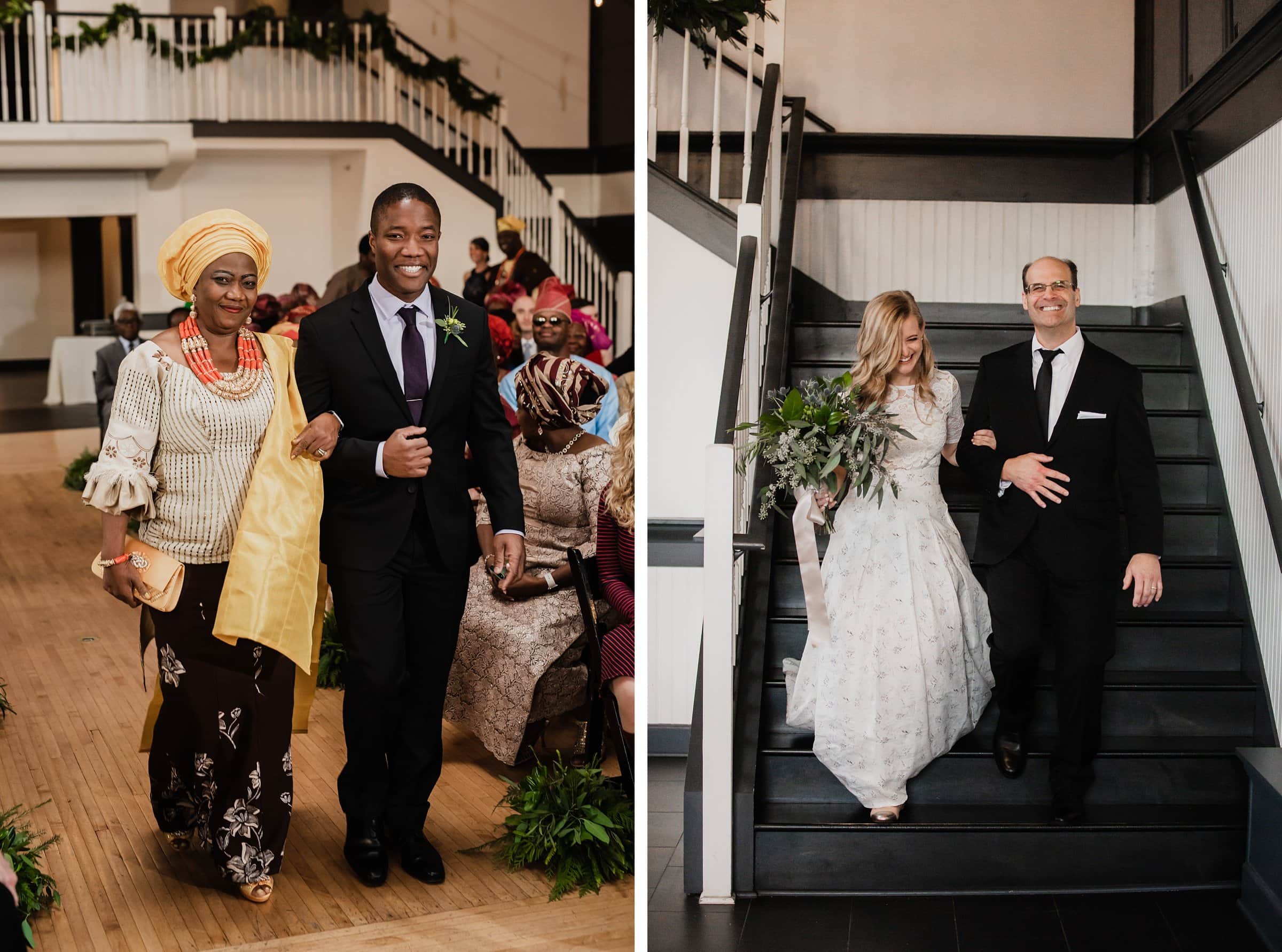 Left: Woman in yellow headwrap and man in suit stroll together. Right: Bride in a white gown and groom descend stairs at The Evergreen, a renowned Portland wedding venue.