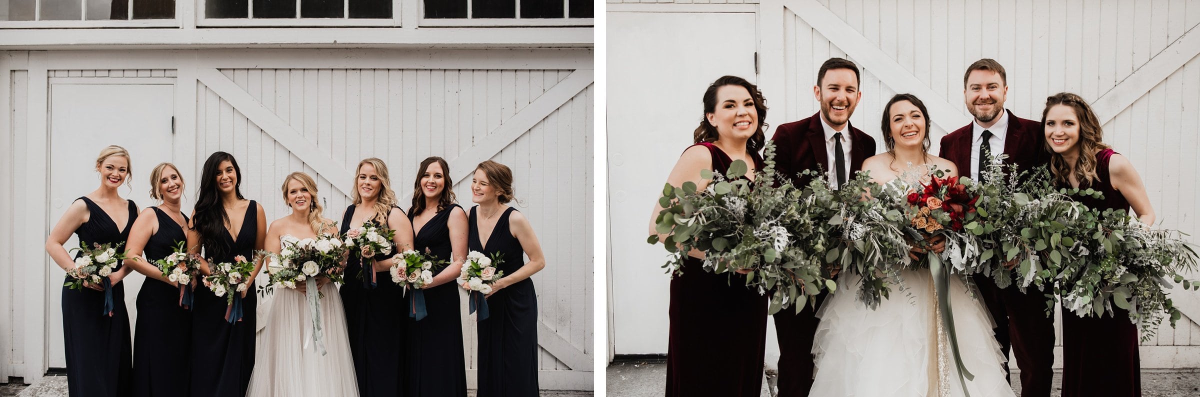 The bridal party gathers elegantly in front of the pristine white barn doors at The Evergreen, a Portland wedding venue. They hold bouquets and are striking in their black dresses and dark suits.