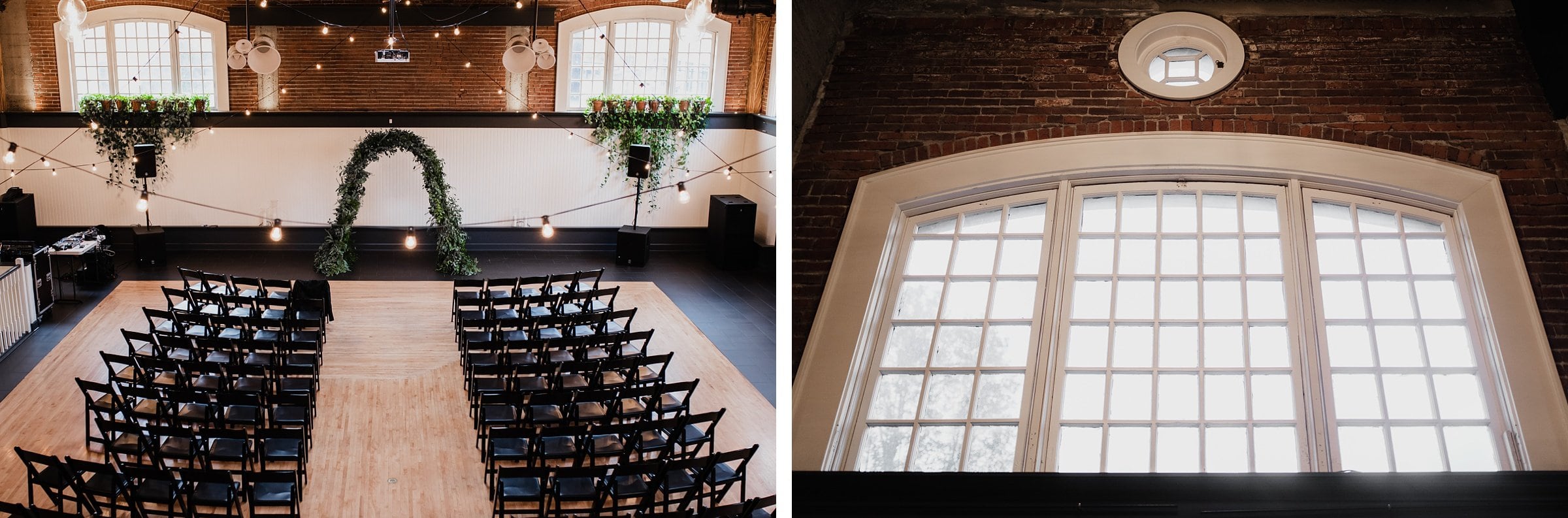 The Evergreen, a Portland wedding venue, features rows of chairs beneath a lush greenery arch. The space is beautifully accented by large arched windows and charming brick walls, creating an unforgettable atmosphere for your special day.