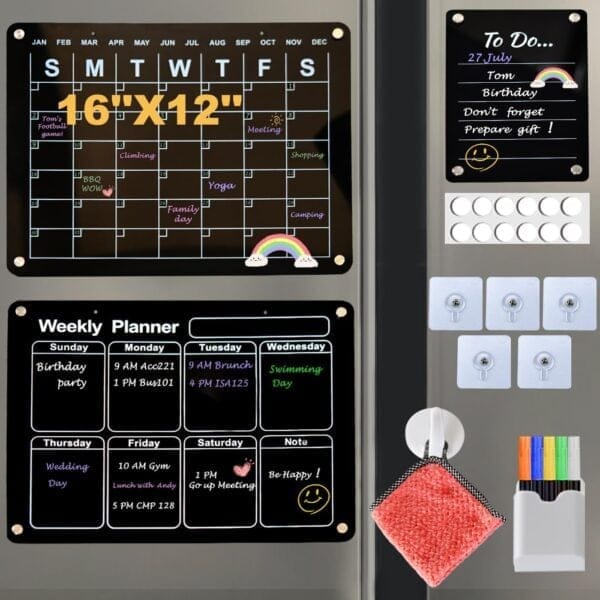Lambock Black Dry Erase Board set For Fridge – Weekly and Monthly Calendar
