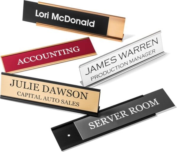 Personalized Desk Name Plates – Custom Office Wall or Desk Name Plates With Aluminum Holder With Two Lines of Laser Engraved Text, 2″ x 8