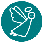 Aile d'ange stylisée dans un cercle turquoise, symbole de nostalgie et de douceur.