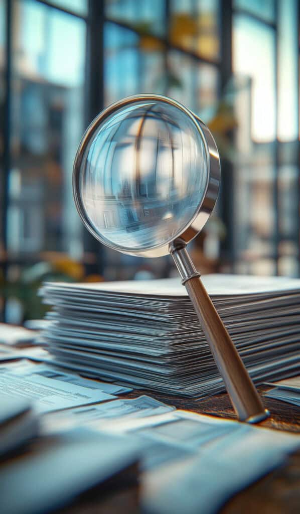 A magnifying glass hovers over a large stack of papers in an office, symbolizing detailed examination or investigation, with blurred office windows in the background adding depth and focus.