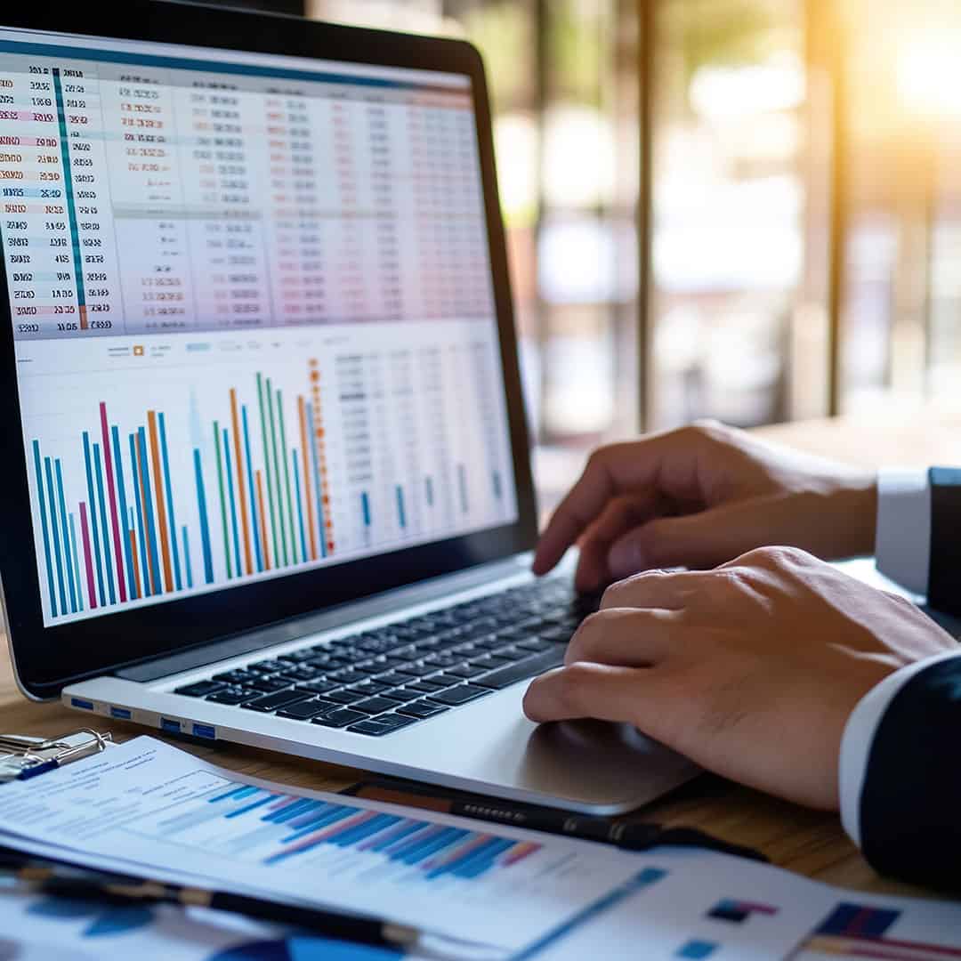 Auditor or accountant audit financial data and accounting record documents online on the computer to report company, taxation planning for profitable cash flow.