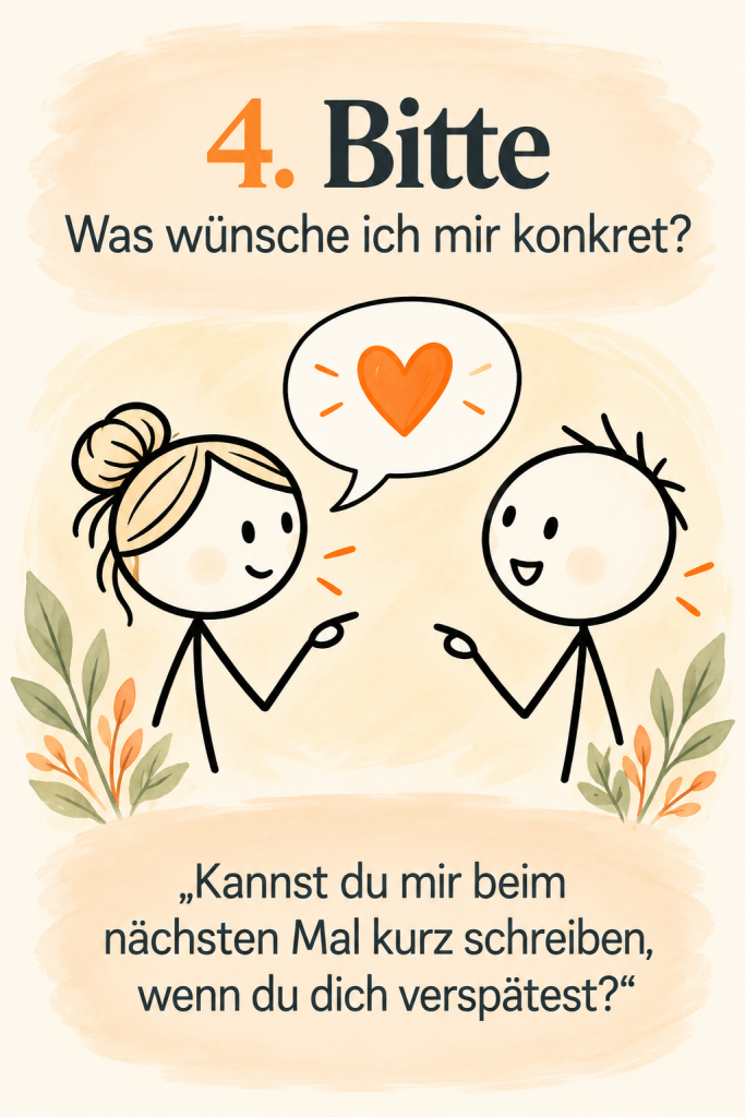 Illustration zum vierten Schritt der Gewaltfreien Kommunikation: Zwei Strichmännchen sprechen miteinander, über ihnen schwebt ein orangefarbenes Herz. Beispiel für eine konkrete Bitte bei Verspätung.